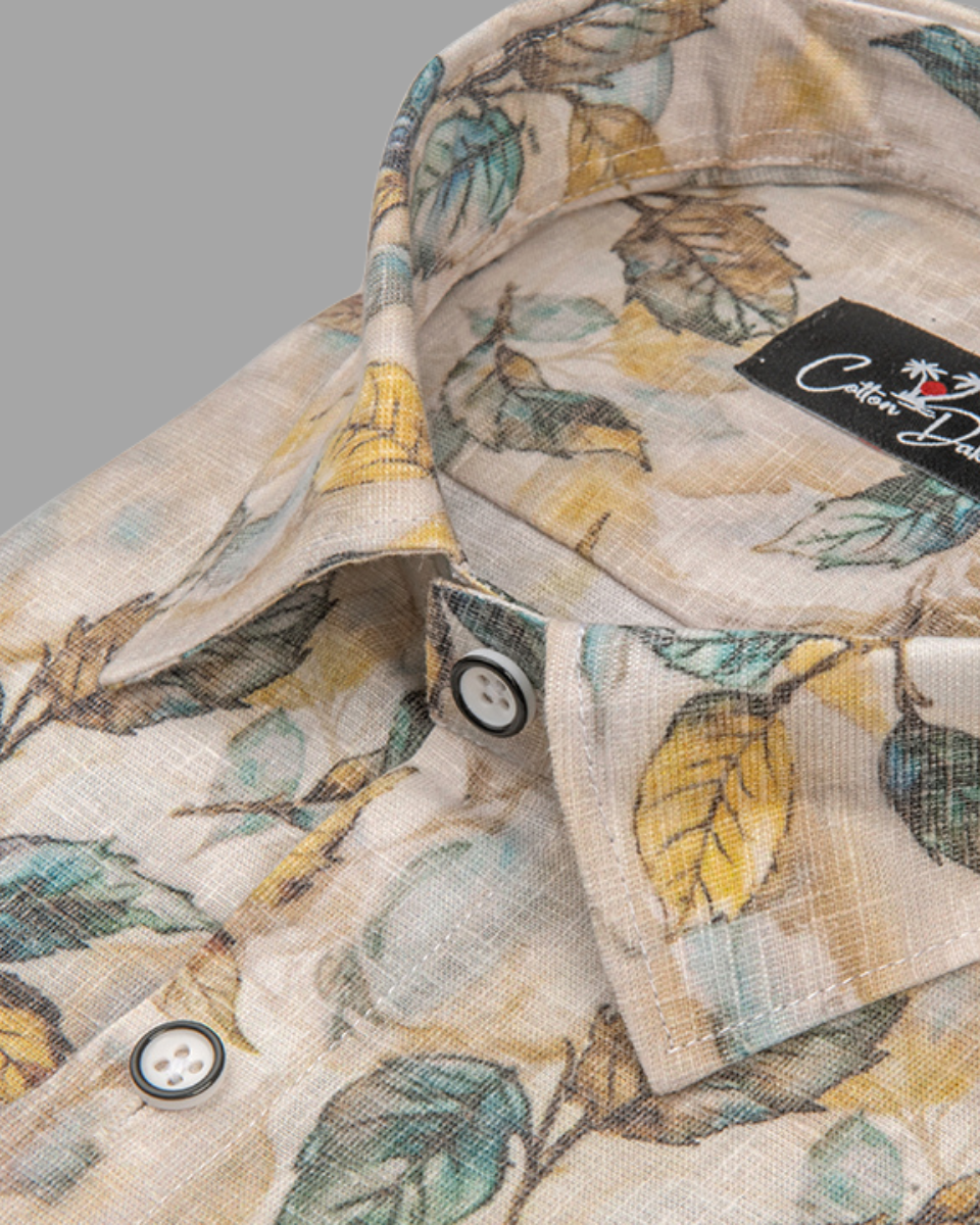 Italian Linen Fone With Yellow Rama Batel Print Shirts