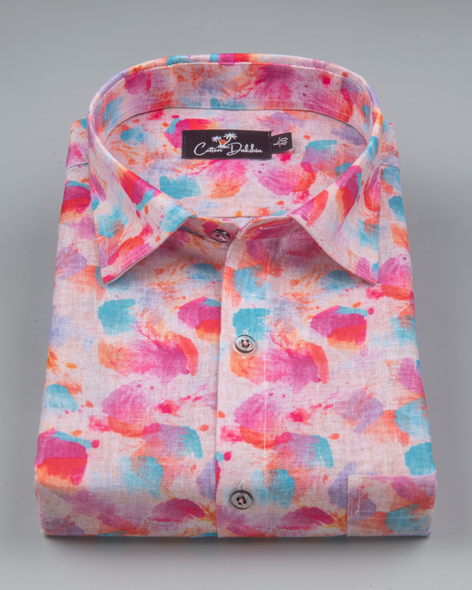 New Italian Linen Pink Rama Print Shirts for Men