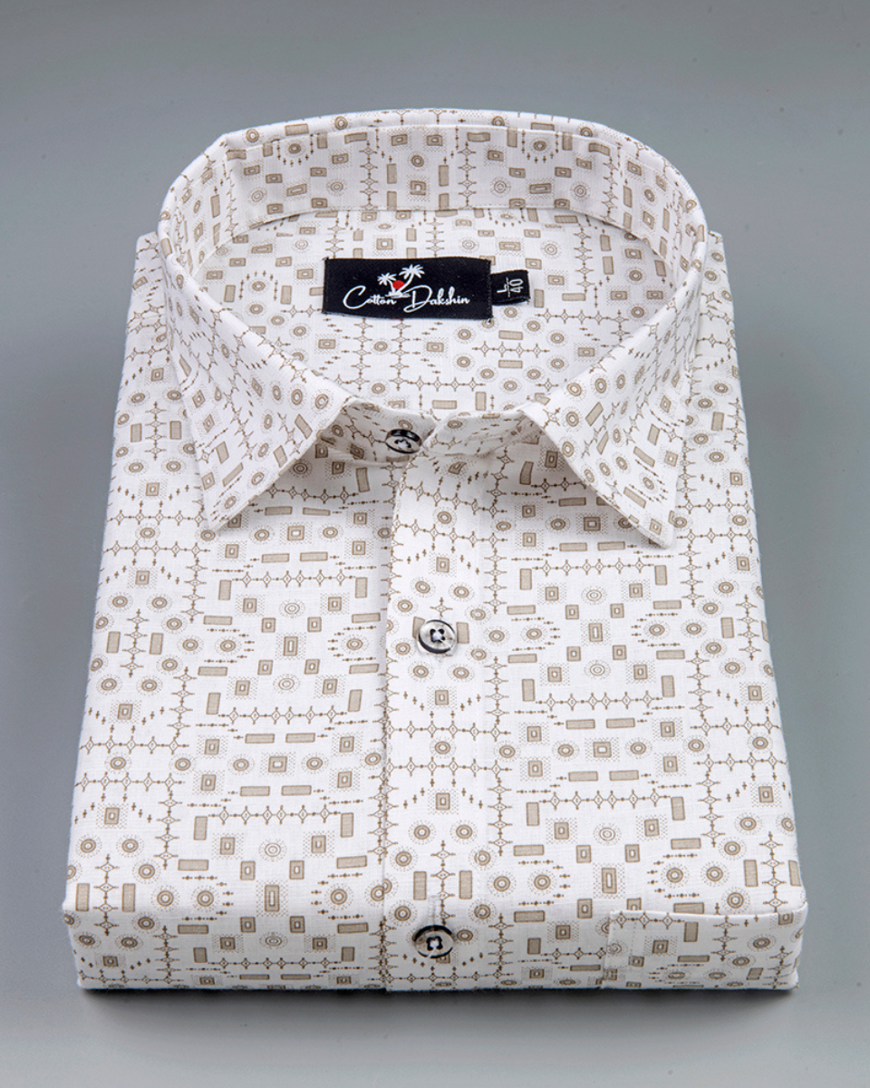 Linen White with fone Geometric Print Shirt for Men