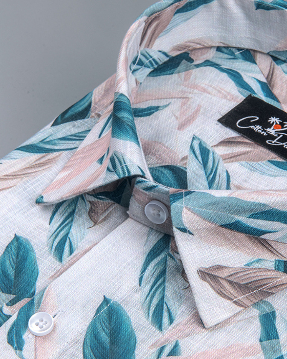 Belgium Linen Cream with Big Rama Leaf Print Shirts for Men