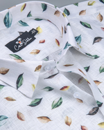 Belgium Linen White with Rama Brown Leaf Print Shirts for Men