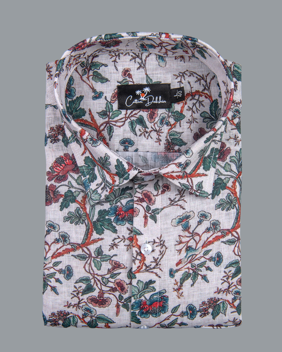 Belgium Linen Red Green flower Print Shirts for Men