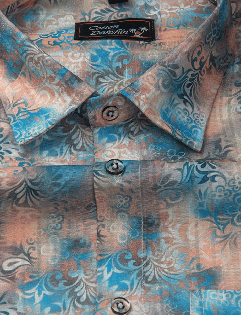 Cotton Printed Blue with Orange Mix Print Shirts for Men