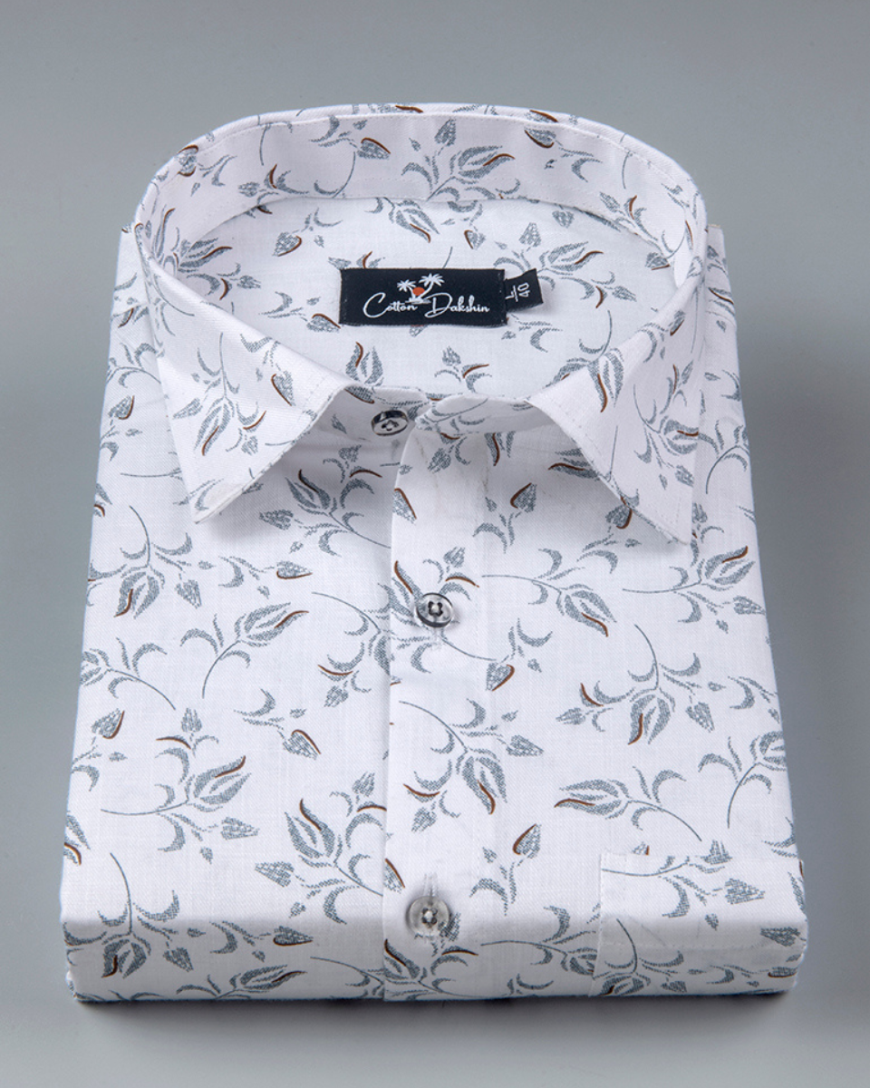 Turkey Linen White with Grey Flower Print Shirts for Men