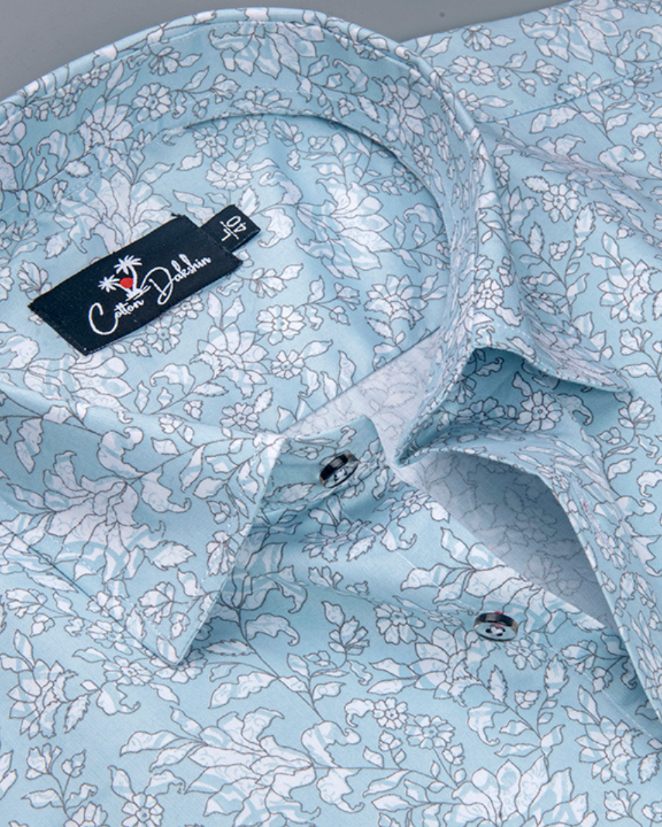 Cotton Sky with White flower Print Shirts for Men