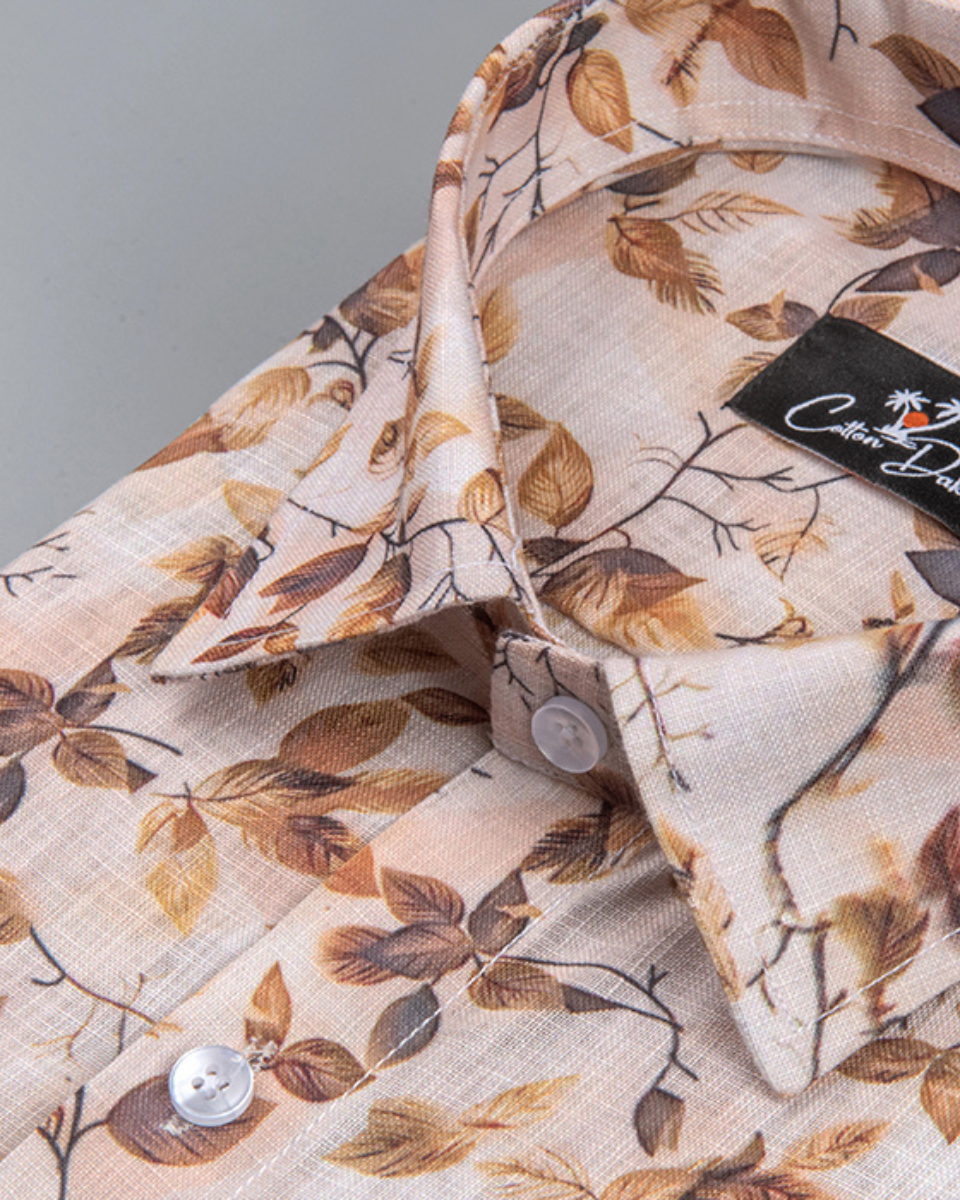 Belgium Linen Light Marrun with Dark Marrun Flower Print Shirts for Men