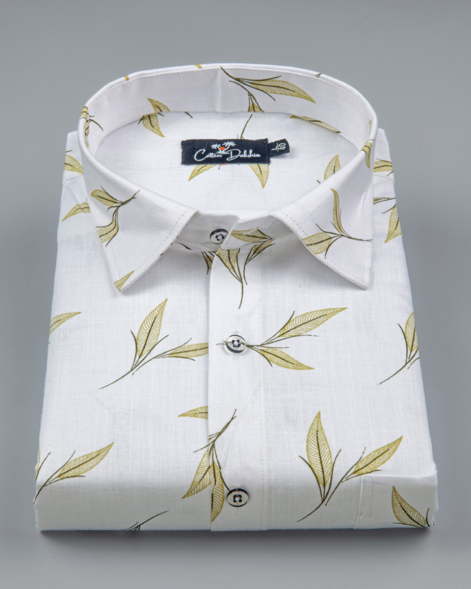 Turkey Linen White with Mahendi Leaf Printed Shirts for Men