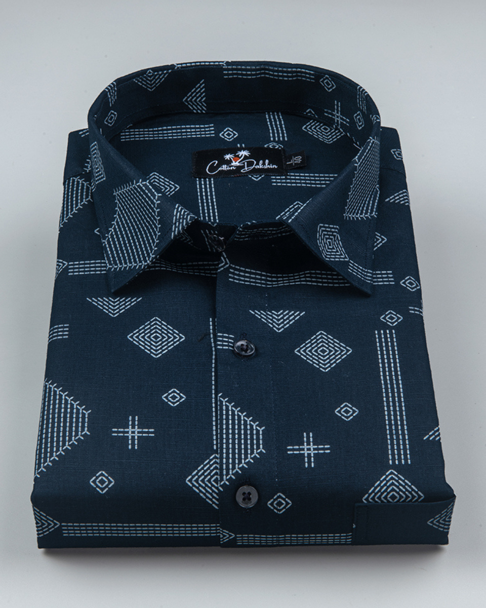 Gloster Linen Navy Blue with White Zari Print Shirts for Men
