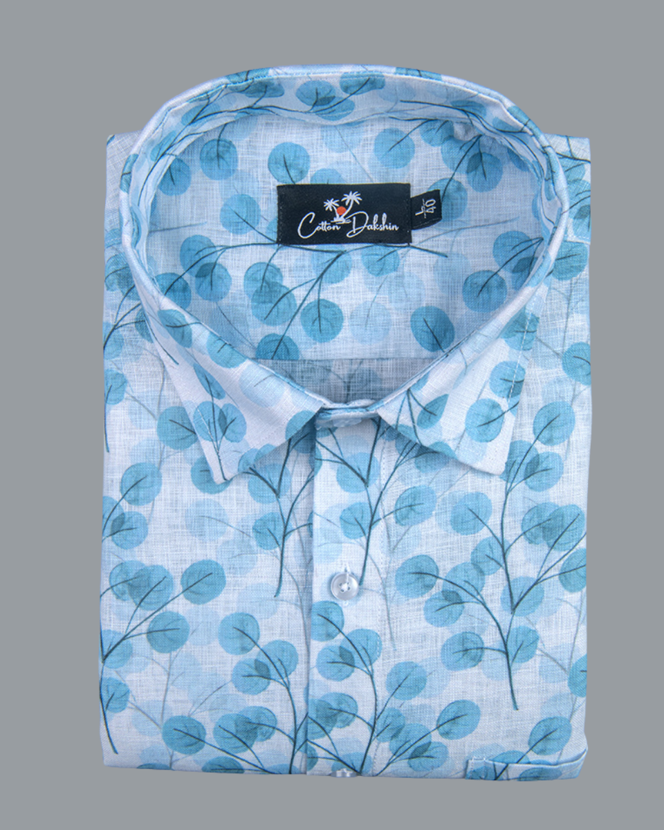 Belgium Linen White with Sky Flower Print Shirts for Men