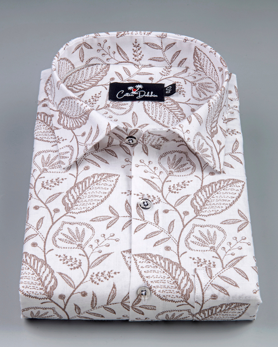 New Linen White with Marrun flower Print Shirts for Men