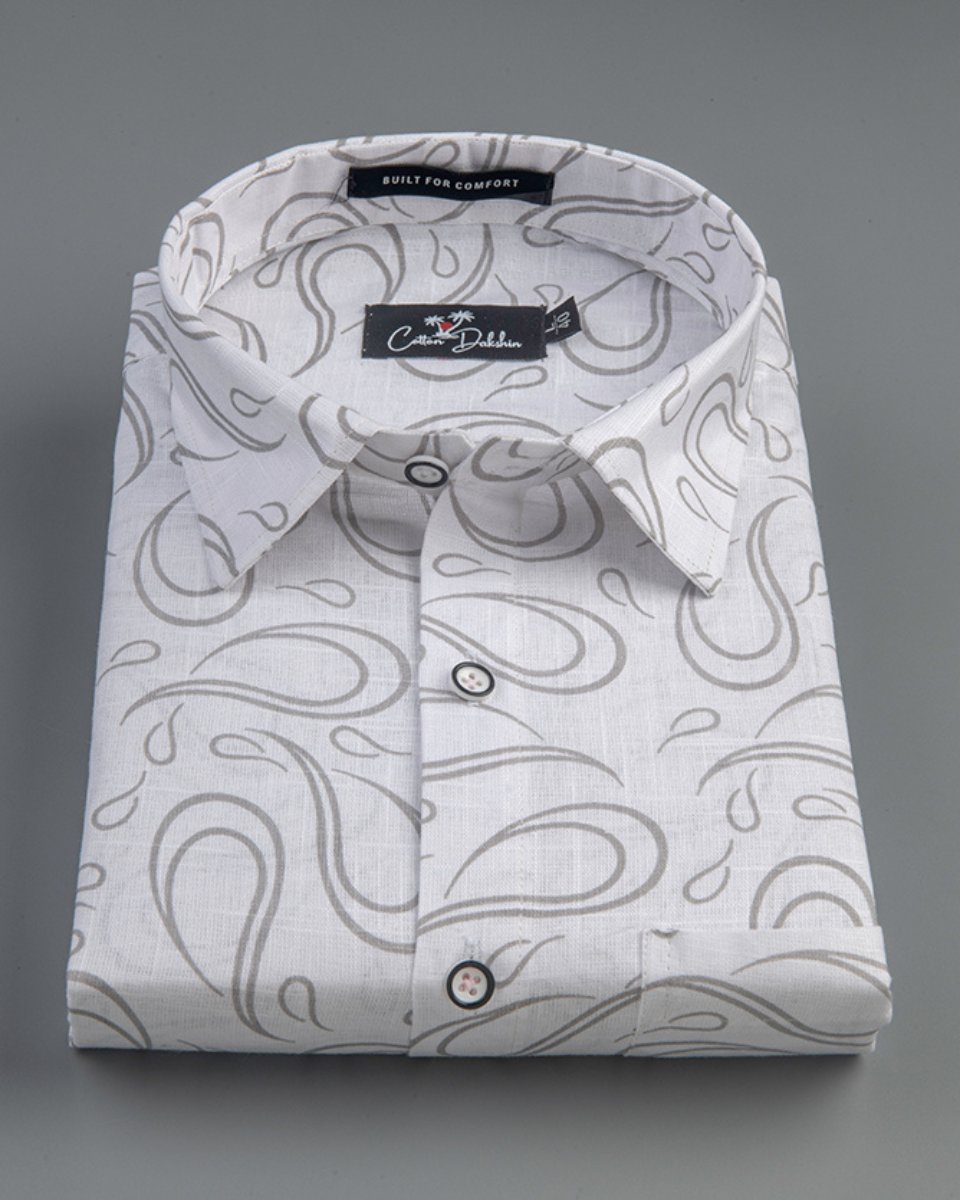 Linen White With Grey Pathan Print Shirts