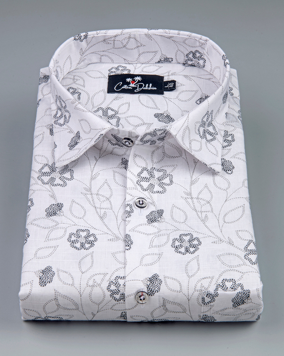 Linen White with Black Flower Print Shirts for Men