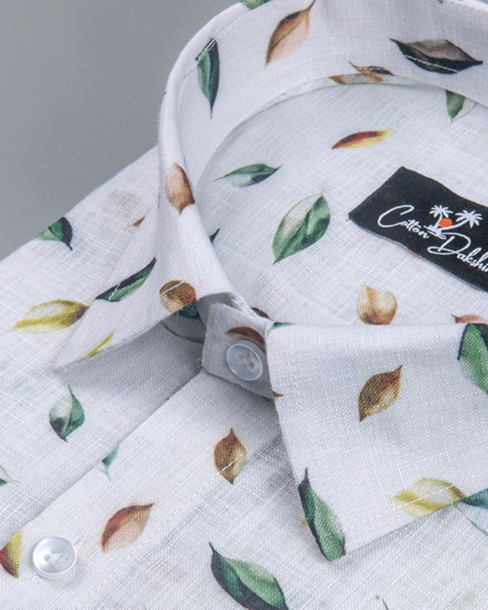 Belgium Linen White with Rama Brown Leaf Print Shirts for Men