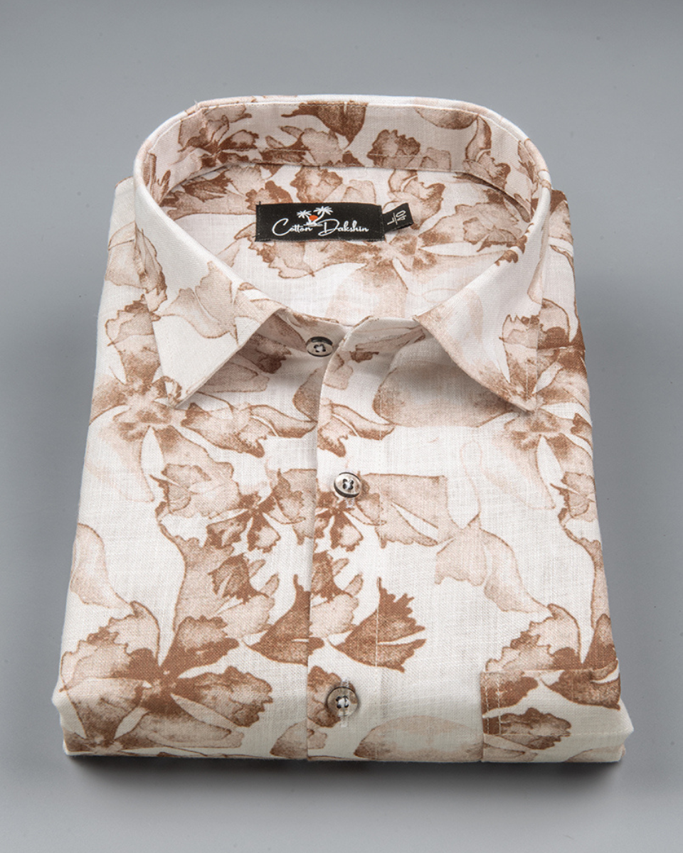 New Italian Linen White Marrun Flower Print Shirts for Men