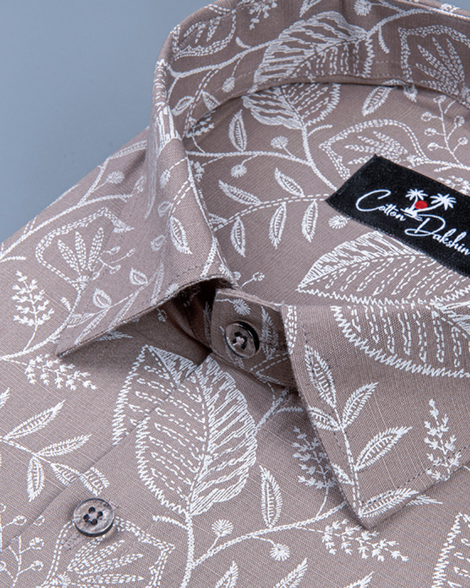 Linen Marrun with White flower Print Shirts for Men