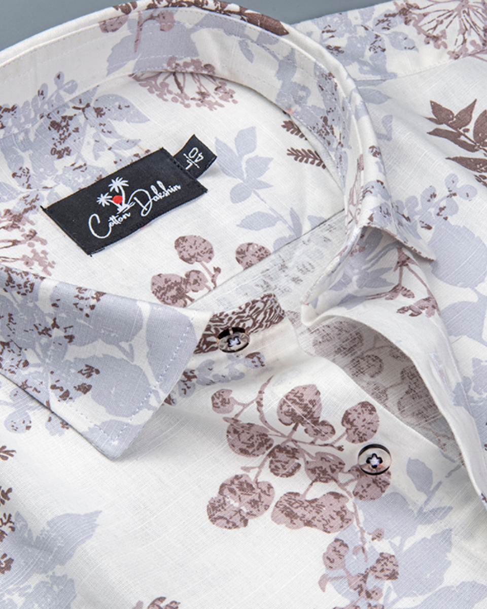 Linen White with Marrun flower Print Shirts for Men
