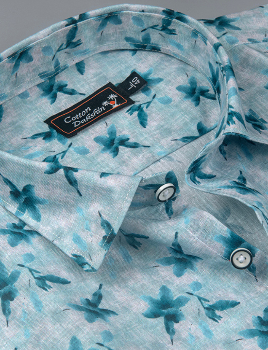 Linen Prime Light Blue with Dark Blue Flower Print Shirts for Men