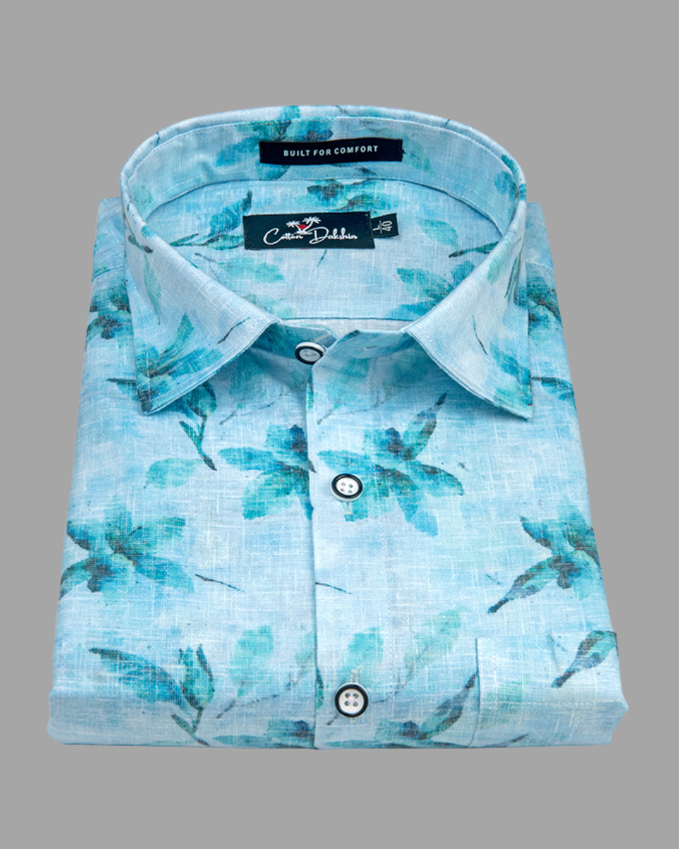 Italian Linen Sky Blue With Dark Blue Print Shirts