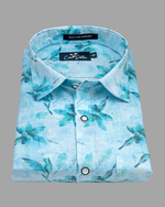 Italian Linen Sky Blue With Dark Blue Print Shirts