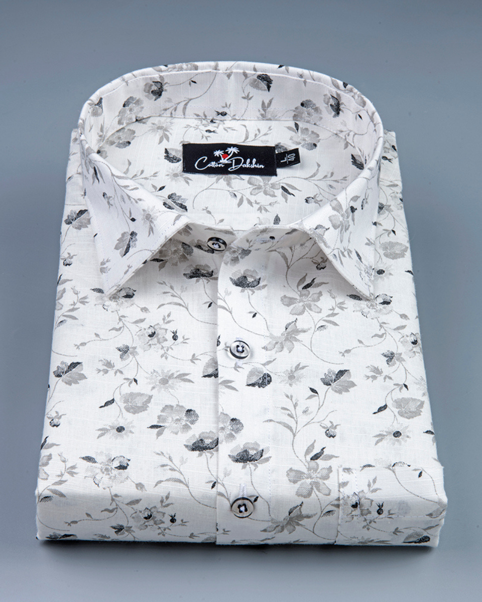 Linen Cream with Black Flower Print Shirt for Men