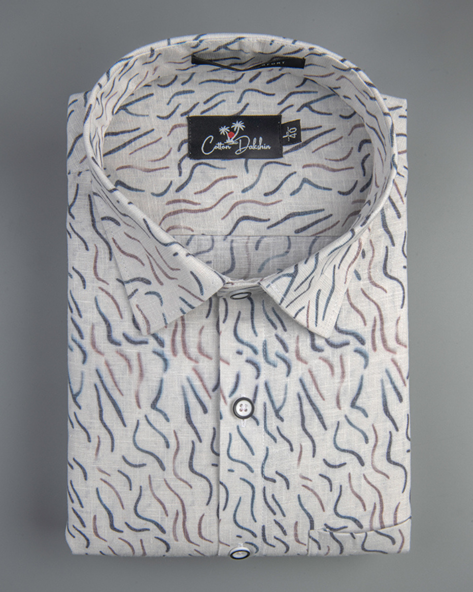 Italian Linen Cream With Brown Grey Sparkle Print Shirts