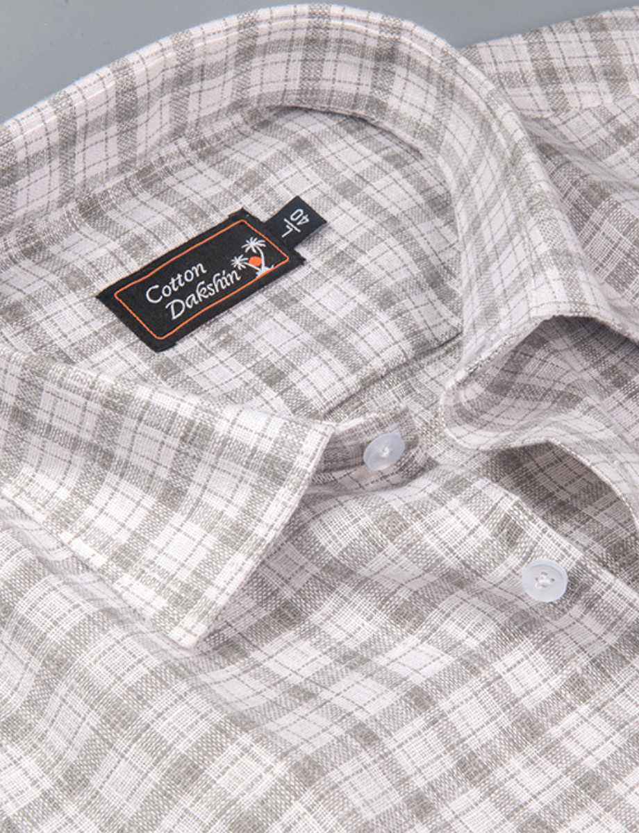 Linen White with Gray Multi Checks Shirts for Men