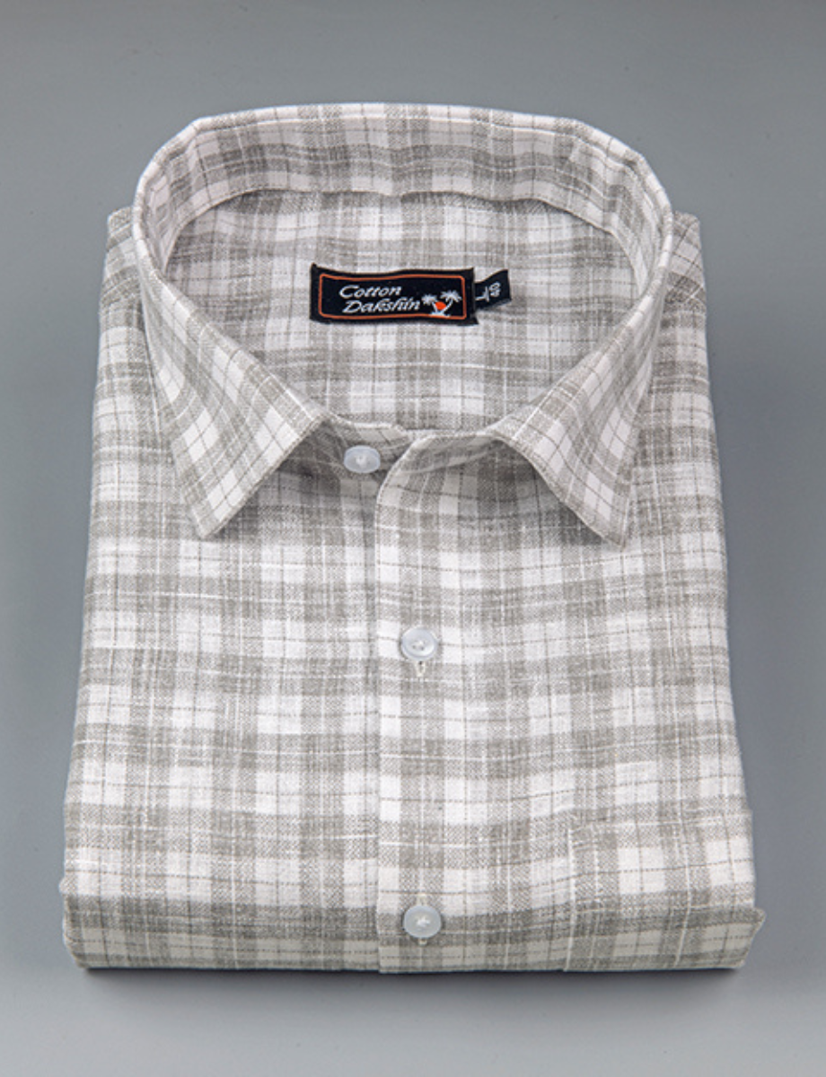 Linen White with Gray Checks Shirts for Men