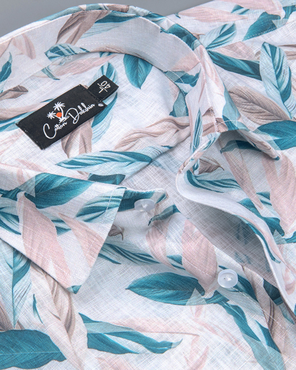 Belgium Linen Cream with Big Rama Leaf Print Shirts for Men