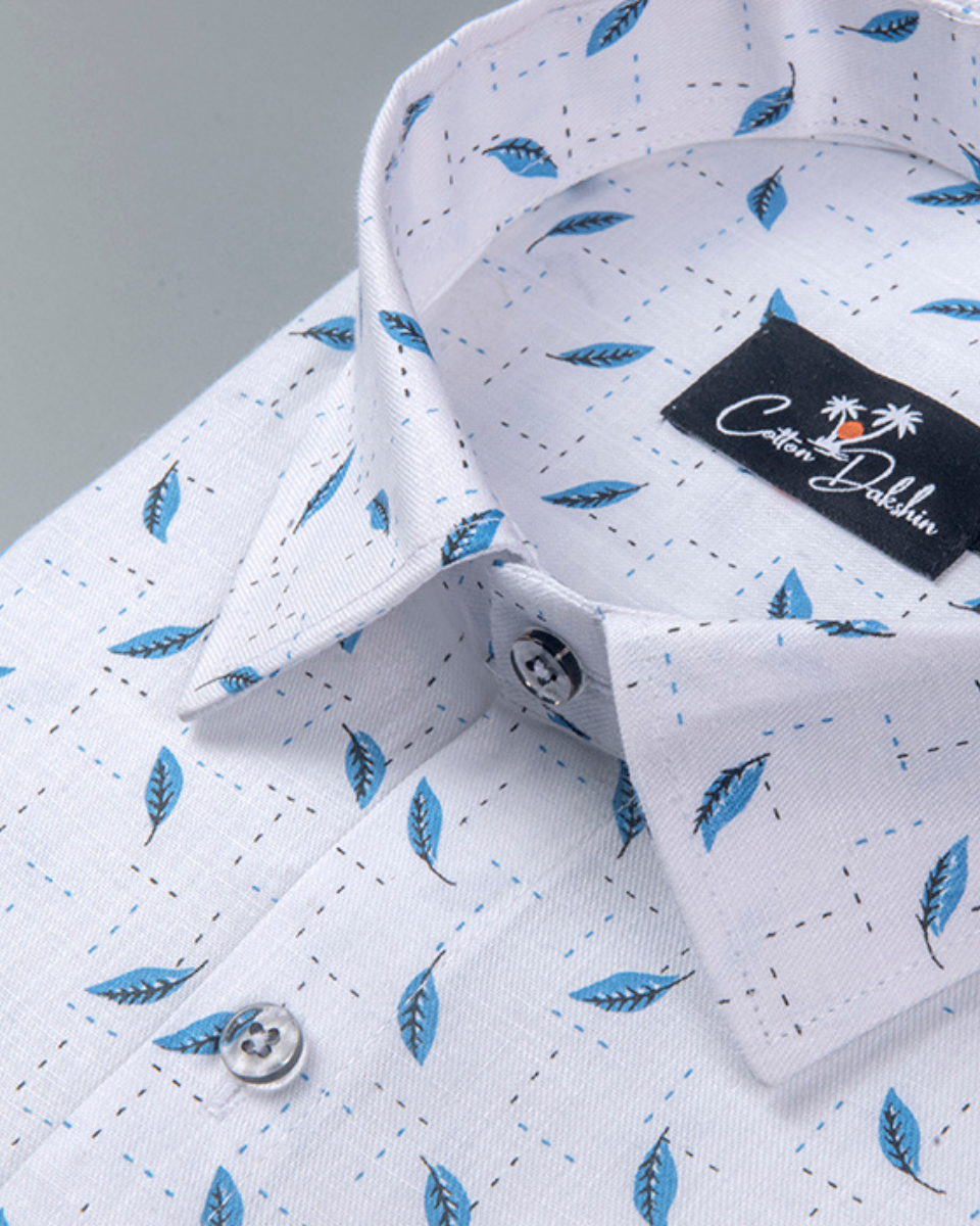 Turkey Linen White with Blue Blend Print Shirts for Men