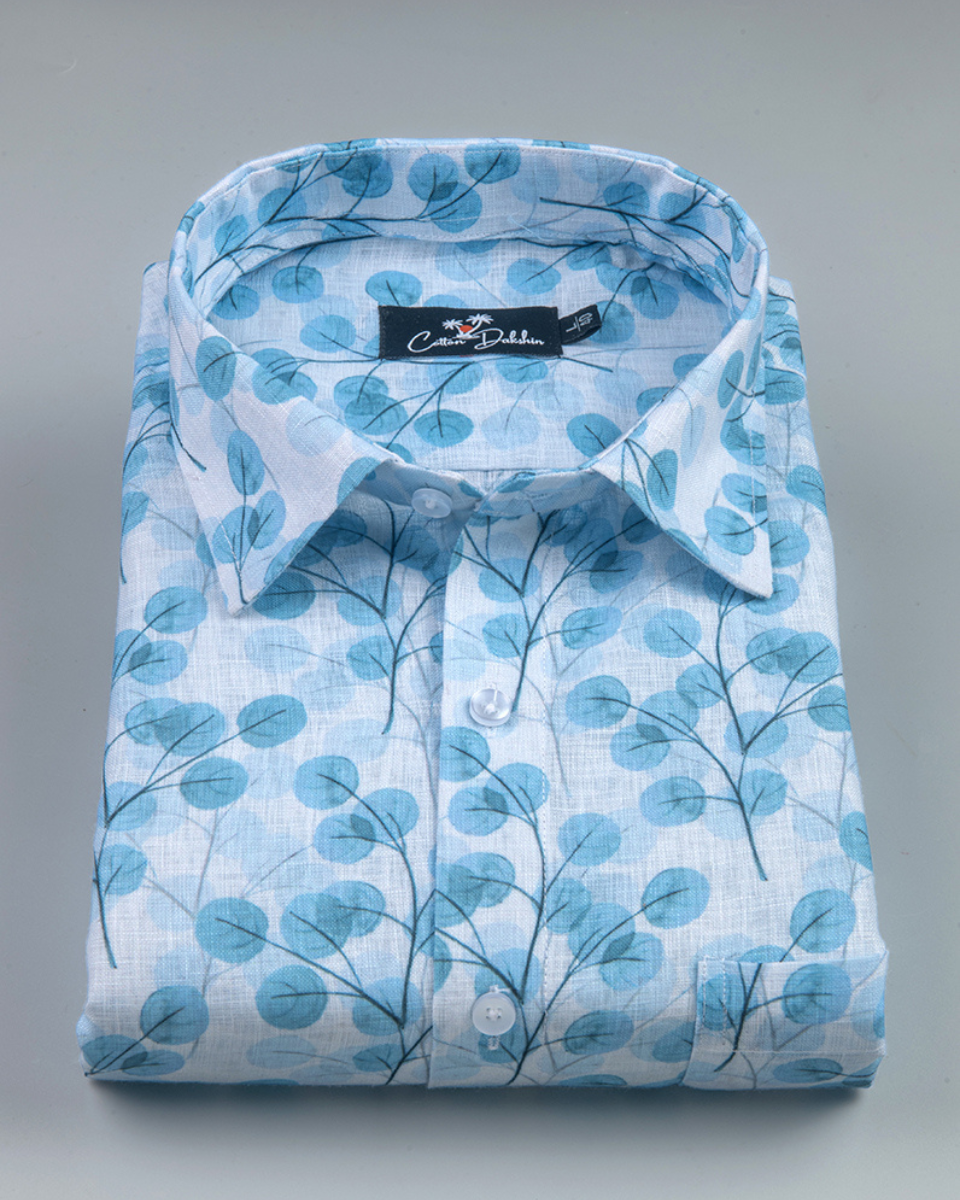 Belgium Linen White with Sky Flower Print Shirts for Men