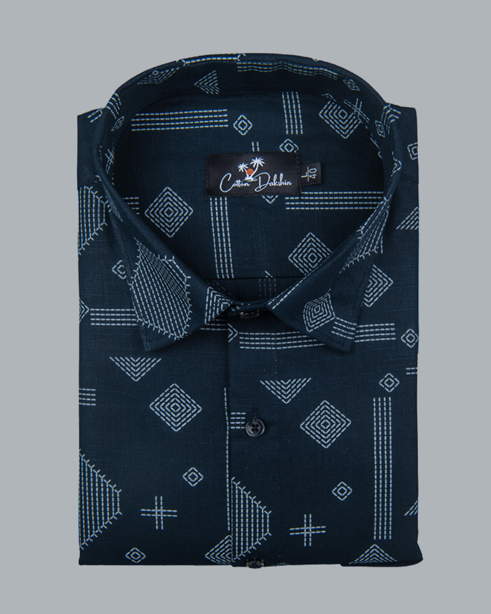 Gloster Linen Navy Blue with White Zari Print Shirts for Men