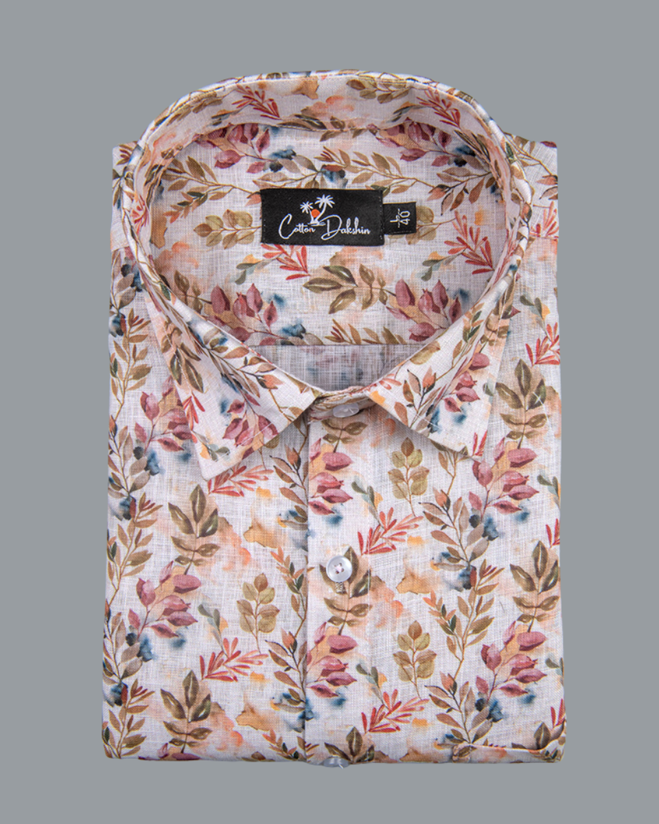 Belgium Linen Marrun Multicolour Flower Print Shirts for Men