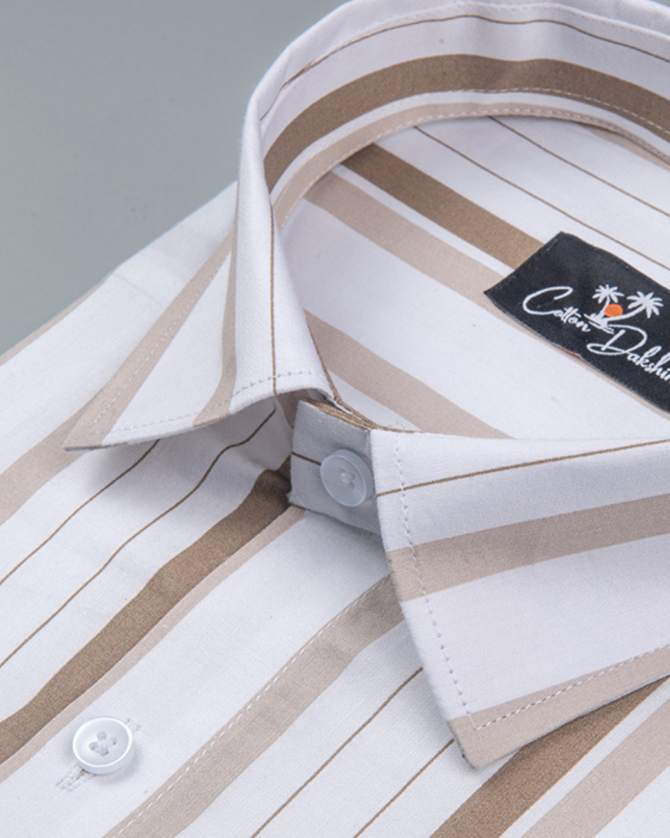 Cotton White with Brown Patta Print Shirts for Men