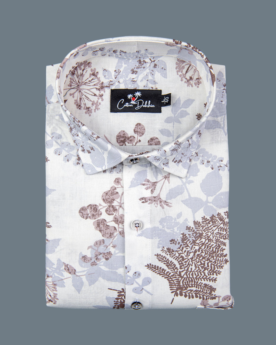Linen White with Marrun flower Print Shirts for Men