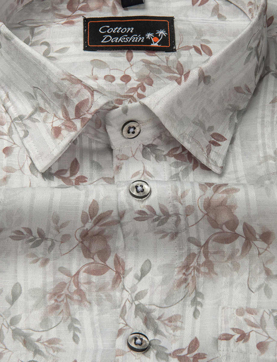 Cotton Printed White with Marrun Leaf Print Shirts for Men