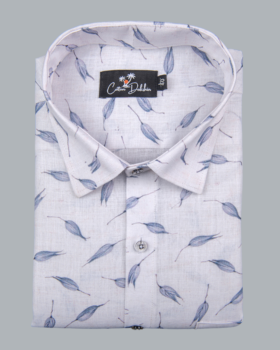 New Italian Linen White with Grey Leaf Printed Shirts for Men