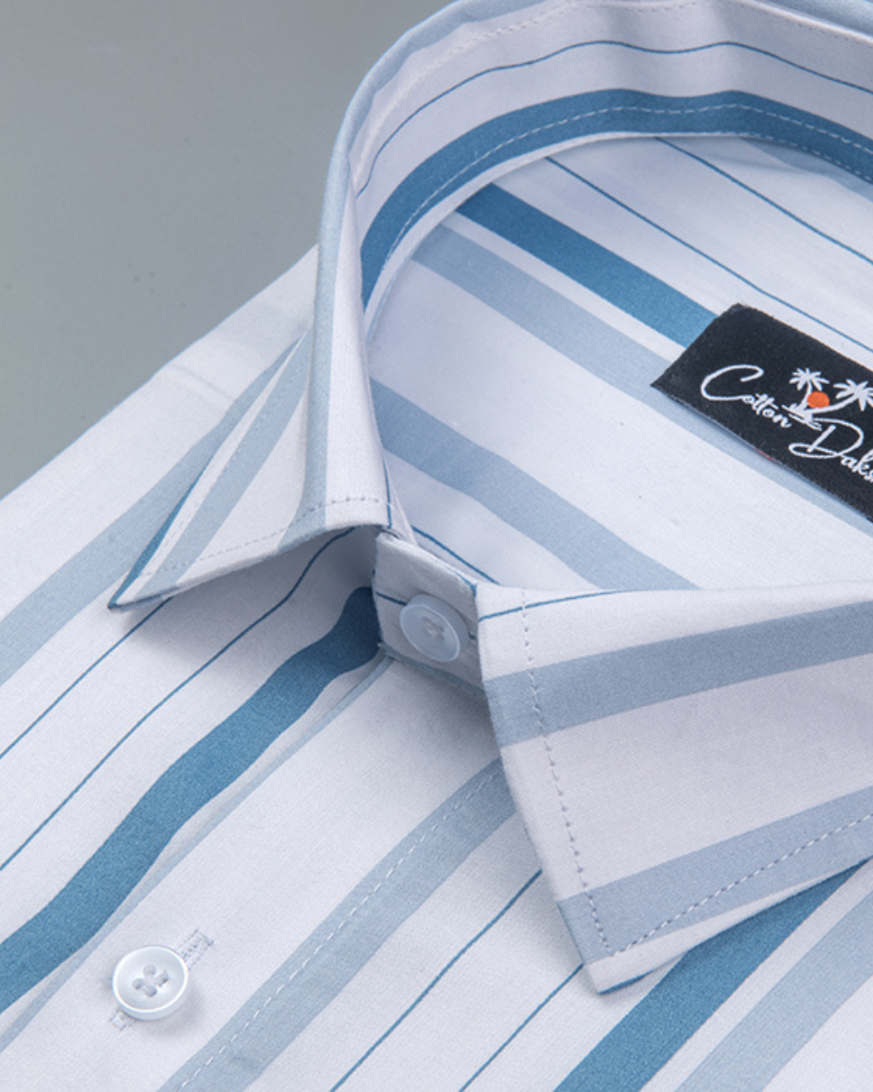 Cotton White with Sky Blue Patta Print Shirts for Men