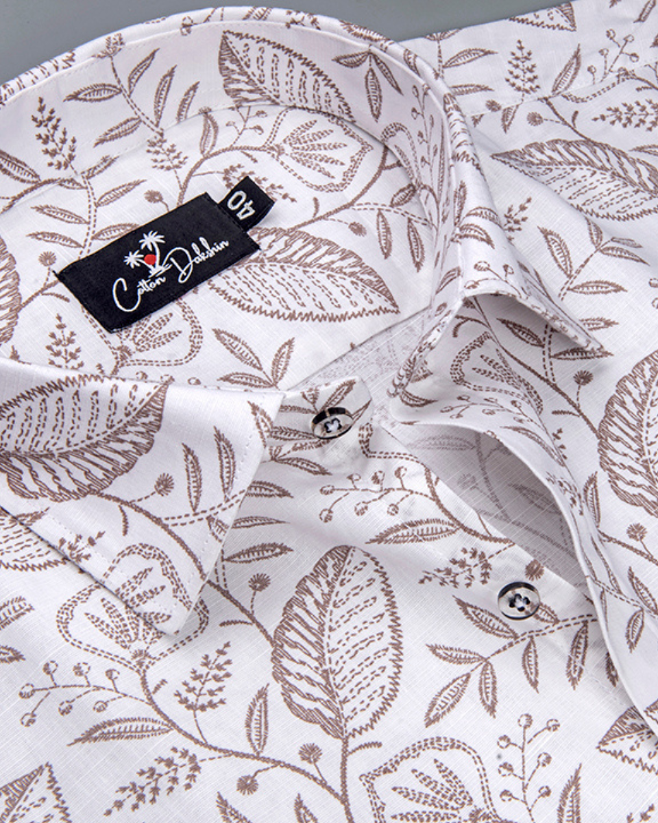 New Linen White with Marrun flower Print Shirts for Men