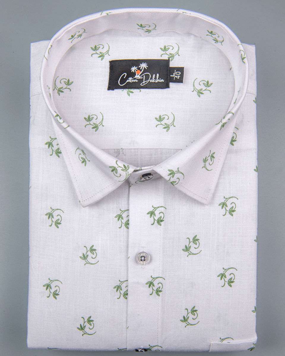 Turkey Linen White with Green Flower Print Shirts for Men