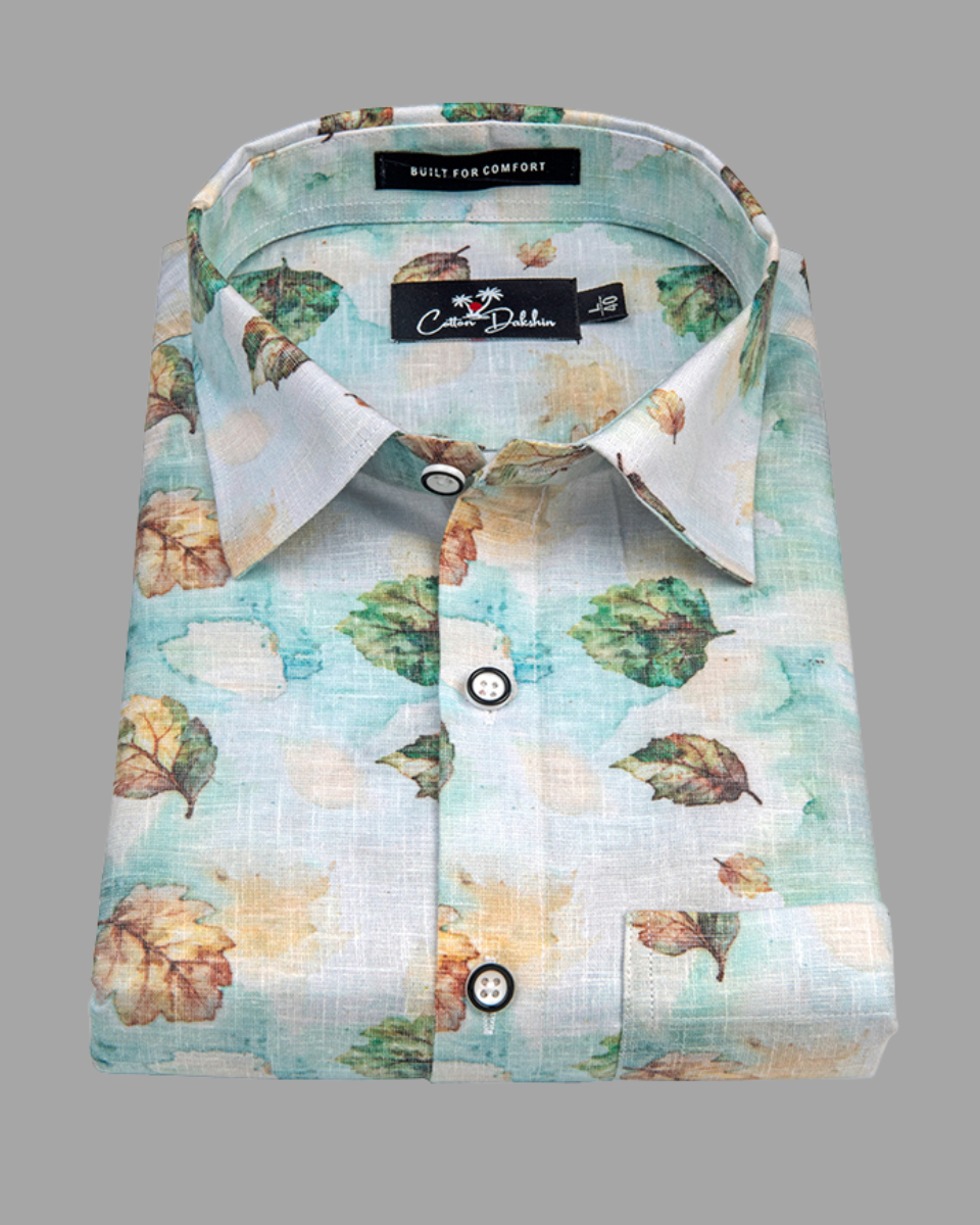 Italian Linen Rama With Green Batel Print Shirts