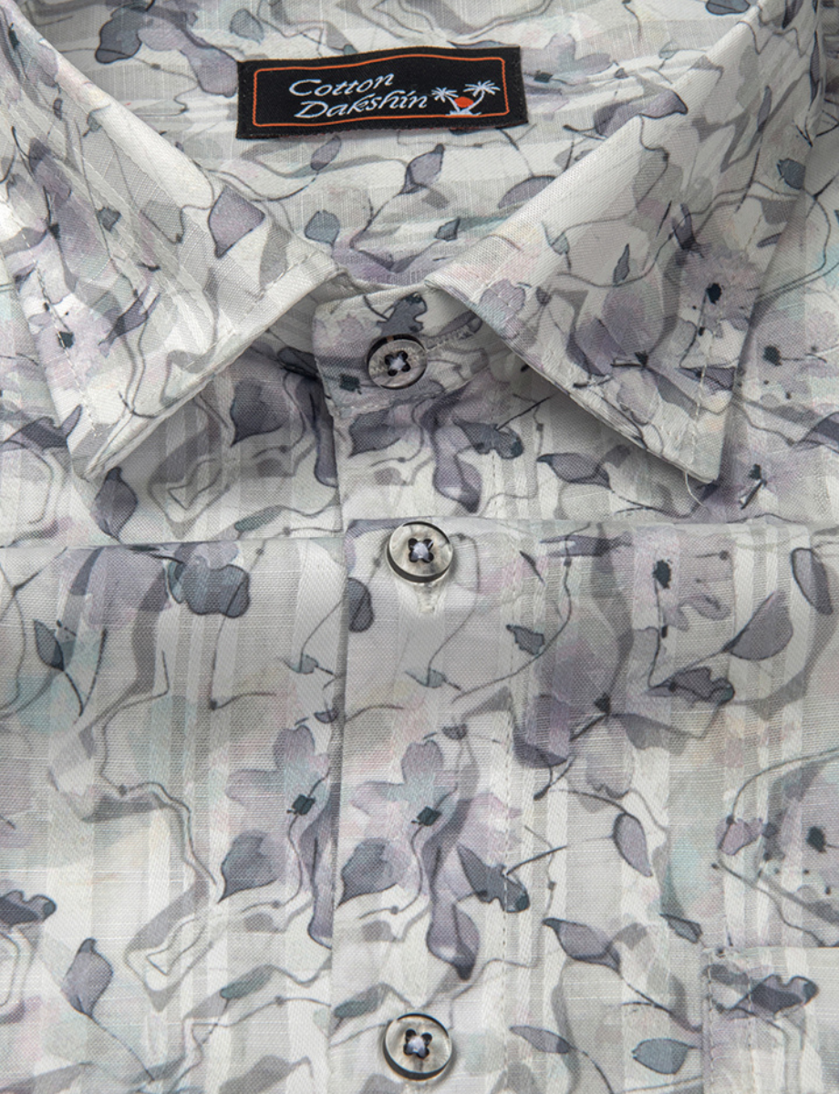 Cotton Printed White with Lavender Flowers Print Shirts for Men