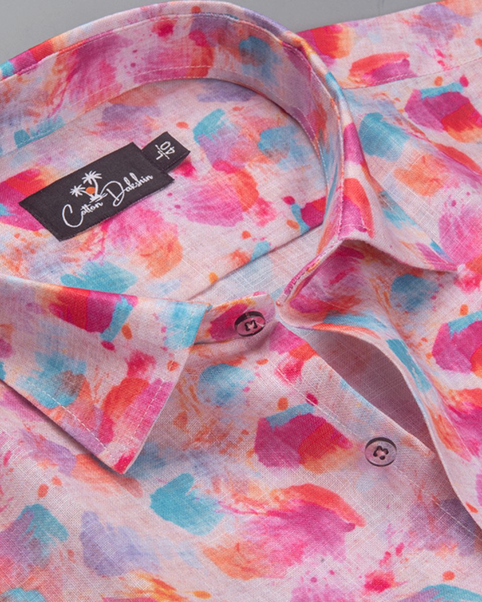 New Italian Linen Pink Rama Print Shirts for Men