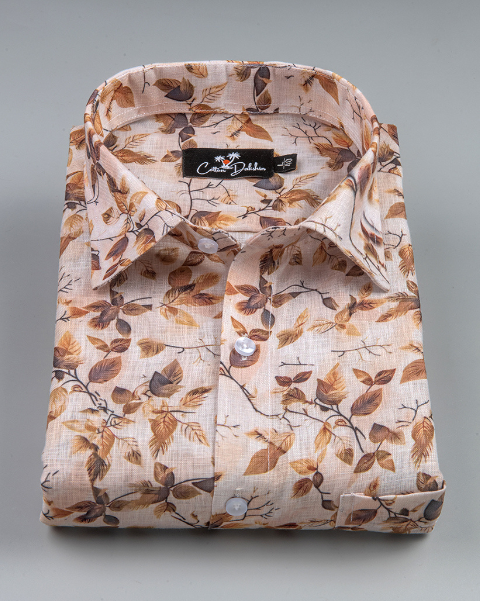 Belgium Linen Light Marrun with Dark Marrun Flower Print Shirts for Men