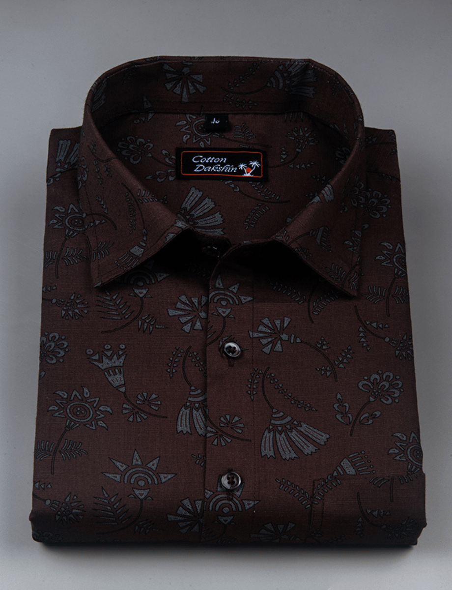 Cotton Printed Marrun with Gray Flower Shirts for Men