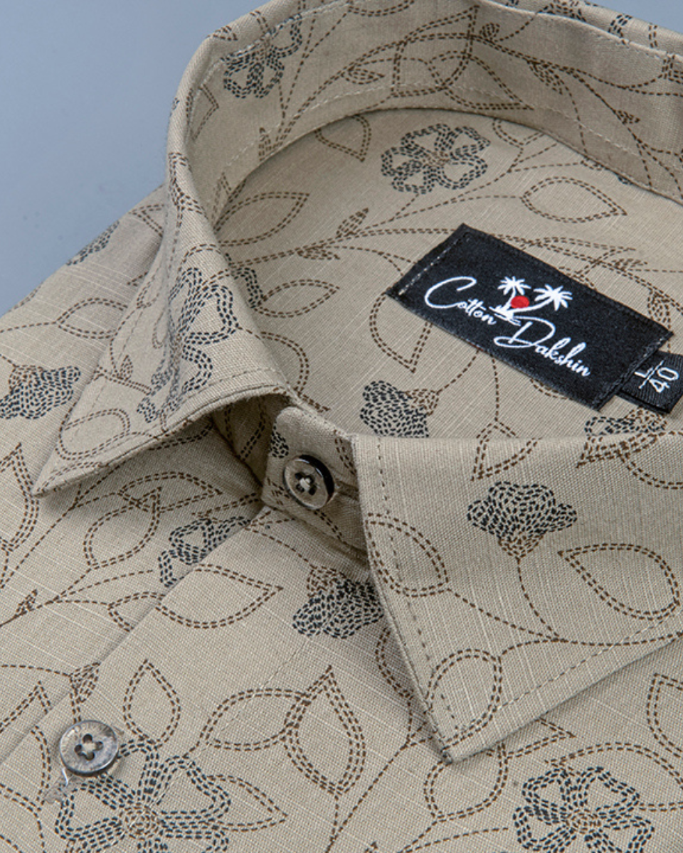 Linen fone with Black Flower Print Shirt for Men