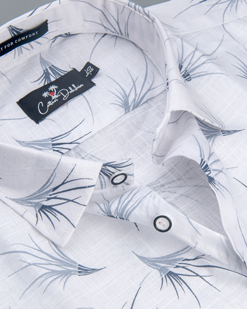 Linen White With Dark Grey Flower Print Shirts