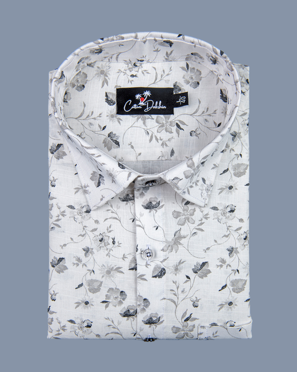 Linen Cream with Black Flower Print Shirt for Men