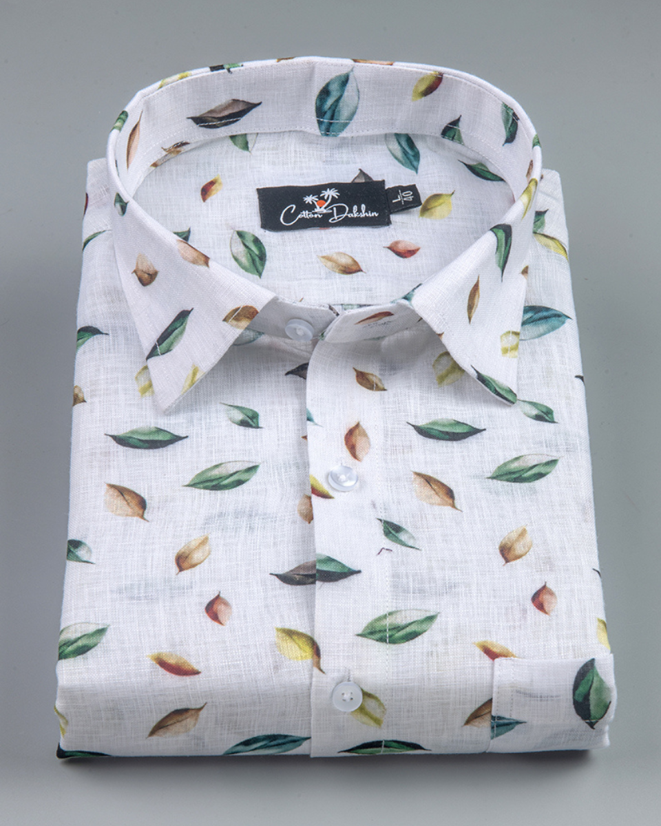 Belgium Linen White with Rama Brown Leaf Print Shirts for Men