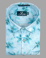 Italian Linen Sky Blue With Dark Blue Print Shirts