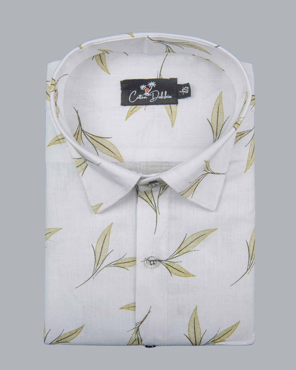 Turkey Linen White with Mahendi Leaf Printed Shirts for Men